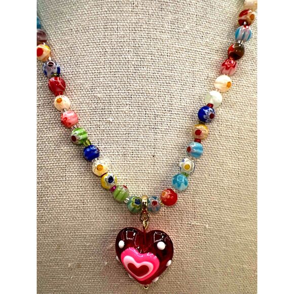 New Multicolor Murano Glass Heart Beaded Pendant Necklace - Picture 7 of 12
